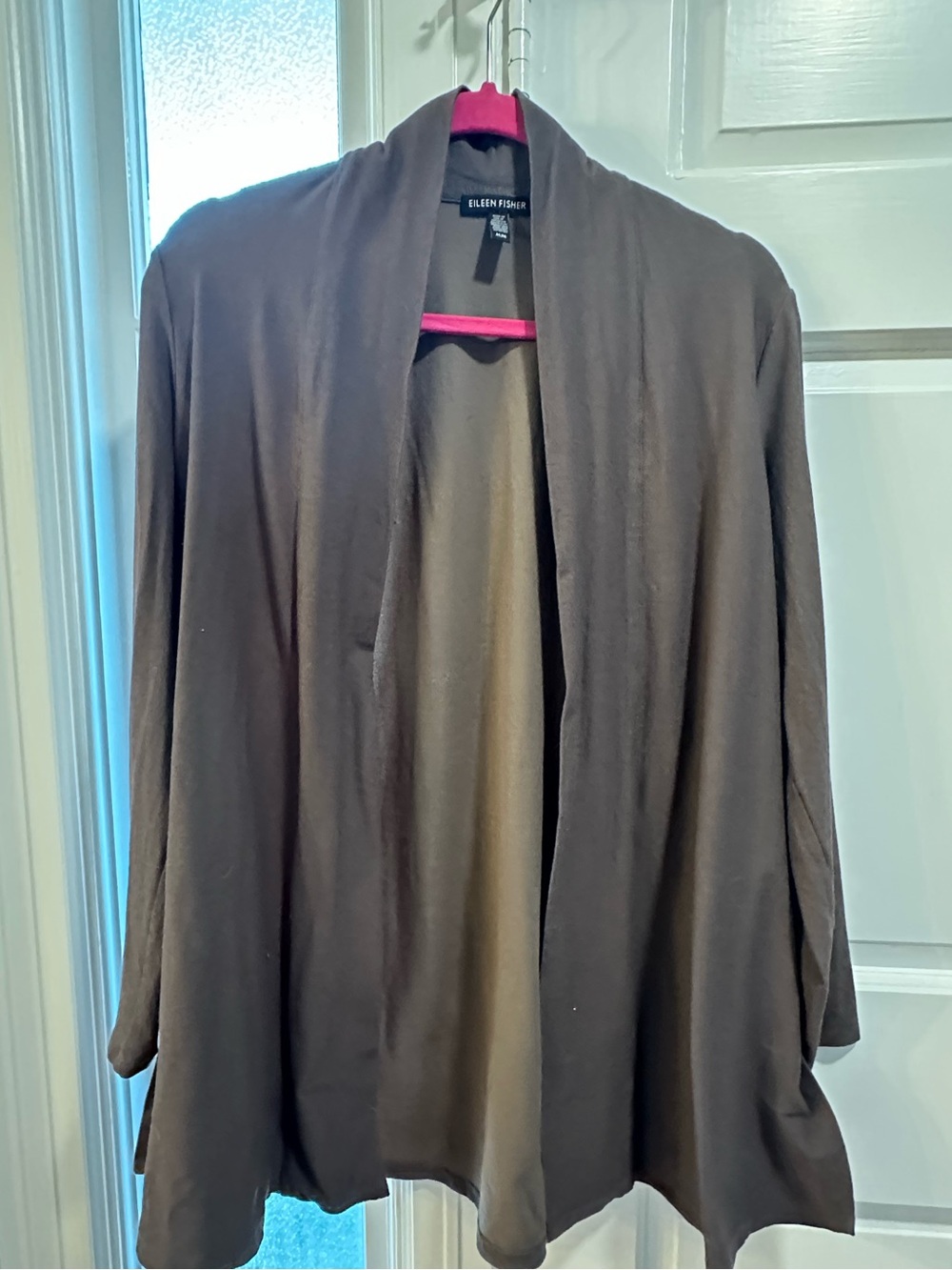 Eileen Fisher Open-Front Grey taupe cardigan minimalist capsule layering